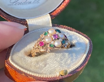Antiker georgianischer 18 Karat Gold, Rubin, Smaragd und Perlenring