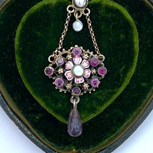 Antique Austro Hungarian Silver, Amethyst, Enamel and Pearl Lavalier Necklace