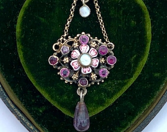 Antique Austro Hungarian Silver, Amethyst, Enamel and Pearl Lavalier Necklace