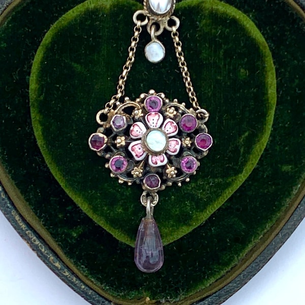 Antique Austro Hungarian Silver, Amethyst, Enamel and Pearl Lavalier Necklace