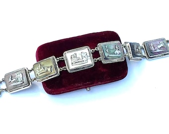 Pulsera antigua Art Déco de plata y panel con camafeo de abulón