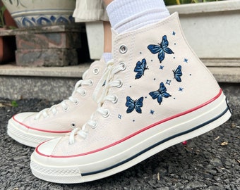 Embroidered Converse/Butterfly Converse/Embroidered Blue Butterflies/Converse High Tops Chuck Taylor 1970s/Custom Logo Butterfly/Gift ForHer
