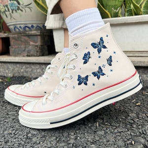 Embroidered Converse/Butterfly Converse/Embroidered Blue Butterflies/Converse High Tops Chuck Taylor 1970s/Custom Logo Butterfly/Gift ForHer