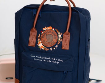 Embroidered Backpack Flower/ Fjallraven Kanken Backpack Embroidered with Flowers and Orange Fox/ Personalized Embroidered Laptop Backpack