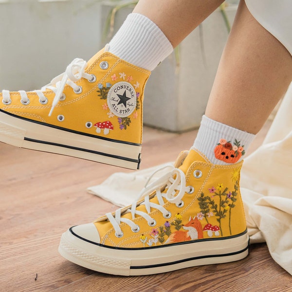 Embroidered Fox Mushroom Converse/ Embroidered Converse High Tops Fox And Sunflower Garden/ Fox Shoes for Women