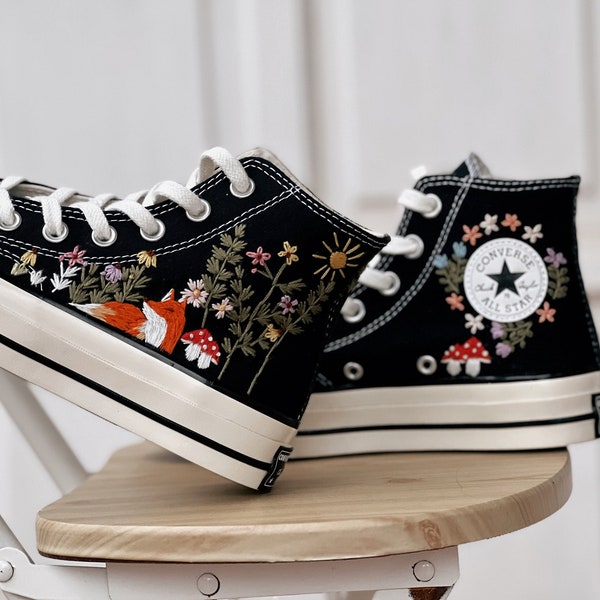 Embroidered Converse/Converse Mushroom/Custom Converse Pet/Embroidered Converse High Tops Fox Mushroom And Sweet Sunflower Garden