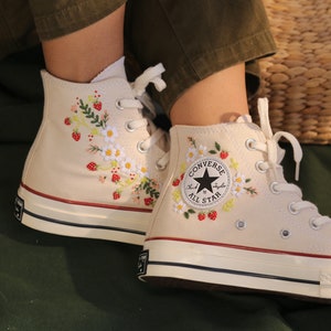 Strawberry Converse Shoes, 1970s Converse High Top Chuck Taylor Shoes Embroidered with Red Strawberry Garden and Sweet White Flowers