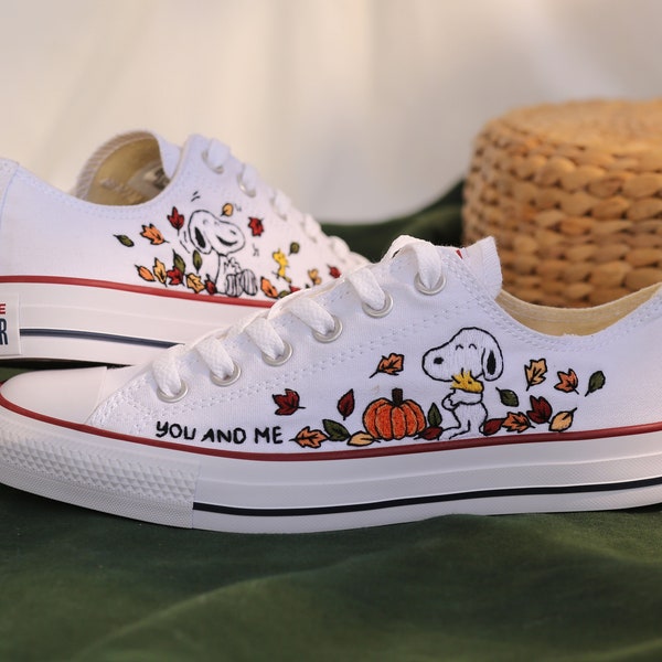 Custom Embroidered Converse Snoopy Dog and Woodstock Peanuts, Converse Low top Embroidered Nick & Charlie Leaves Heartstopper Shoes