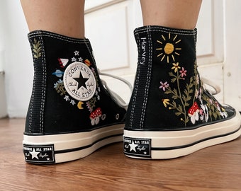 Converse High Top embroidered spaceships, red mushrooms, colorful flower garden, sun, moon and stars/ Converse embroidered personal names