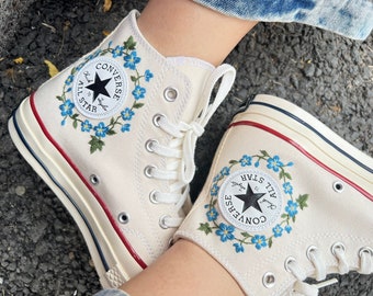 Embroidered Converse/Converse High Tops/Embroidered Logo Converse Blue Flower/Embroidered Sneakers Chuck Taylor 1970s Flower Converse/Gifts