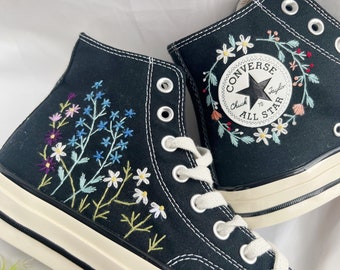 Custom Embroidered Converse High Tops, Garden Flower Embroidery Converse Custom, Floral Embroidered Shoes Custom, Gifts for Girl