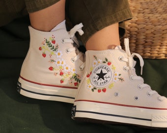 Strawberry Converse Shoes, 1970s Converse High Top Chuck Taylor Shoes Embroidered with Red Strawberry Garden and Sweet White Flowers