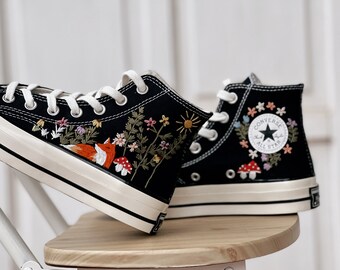 Embroidered Converse/Converse Mushroom/Custom Converse Pet/Embroidered Converse High Tops Fox Mushroom And Sweet Sunflower Garden