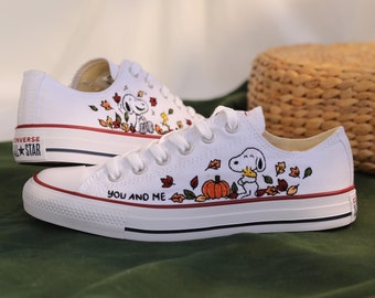 Custom Embroidered Converse Snoopy Dog and Woodstock Peanuts, Converse Low top Embroidered Nick & Charlie Leaves Heartstopper Shoes