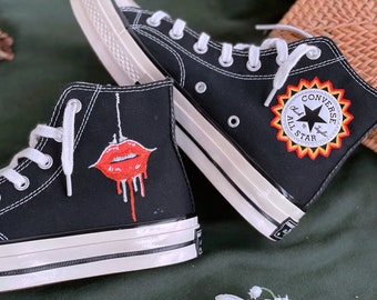 Embroidered Converse/Custom Symbol Converse/Custom Converse Eyes And Lips/Embroidered Logo Sun/Converse High Tops/Embroidered Face/Best Gift