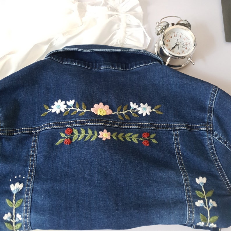 Hand Embroidered Jean Jacket / Custom Floral Embroidered Jean Etsy