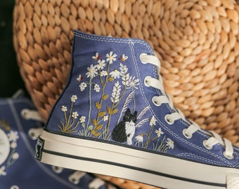 Custom Embroidered Converse High Tops, Cat, White Daisy Garden Embroidered Converse Custom, Shoes Embroidered Pet and Flower, Gift for Her