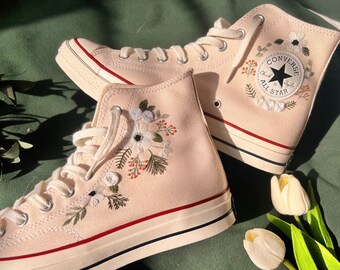 Wedding Converse/Embroidered Converse/Converse High Tops White Flower Strip/Logo Converse Embroidery/Custom Chuck Taylor 1970s/Gift For Her