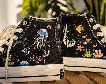 Embroidered Converse/Custom Converse High Tops/Converse Embroidered With A Variety Of Colorful Sea Creatures/Gifts For Daughter