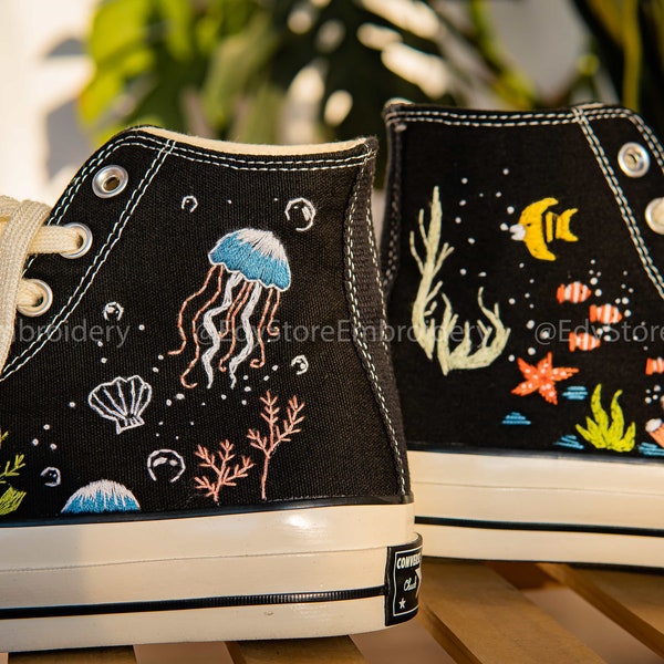 Embroidered Converse/Custom Converse High Tops/Converse Embroidered With A Variety Of Colorful Sea Creatures/Gifts For Daughter