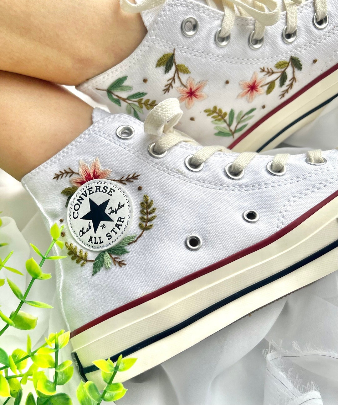 Embroidered Converse/flower Converse/embroidered Pink Flower - Etsy