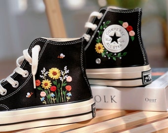 Embroidered Converse High Tops, Sunflowers Embroidered Shoes, Roses and Butterfly Embroidered Sneakers, Custom Logo Shoes, Gifts for Girl