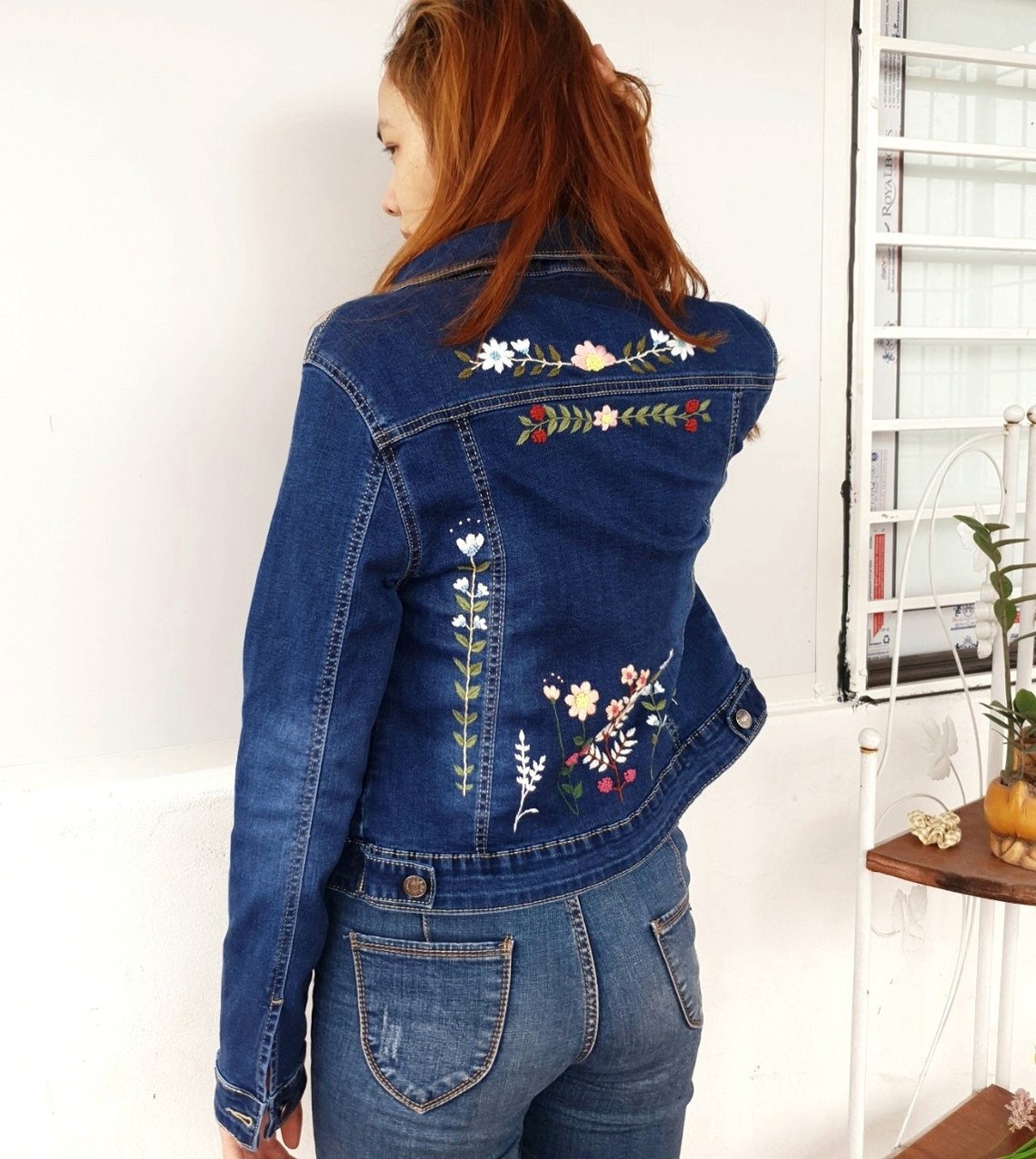 Hand Embroidered Jean Jacket / Custom Floral Embroidered Jean Etsy