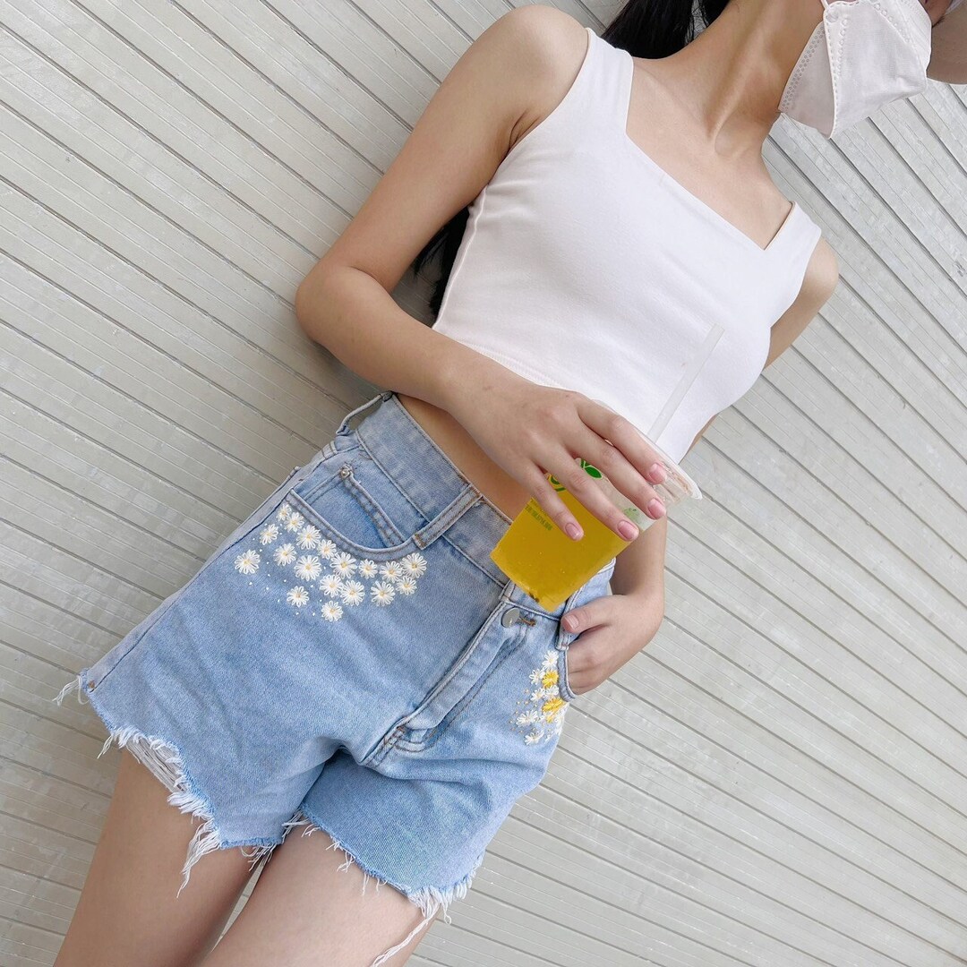 Floral Embroidered Jean Shorts/ Custom Chrysanthemum Etsy