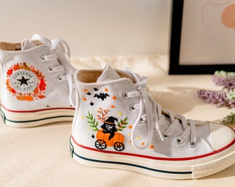 Custom Converse Chuck Taylor Embroidered/Embroidered Converse/Ghost Flower Converse/Custom Witch Fides On Pumpkin Cart/Custom Logo Flower