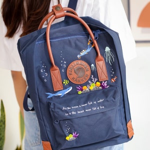 Fjallraven Rucksack Bestickt, Ocean Embroidered Backpack Custom, Fjallraven Kanken Embroidery Blue Whale, Diver, Jellyfish, Gifts For Girl