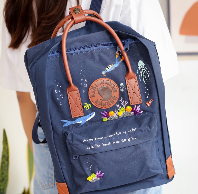 Fjallraven Rucksack Bestickt, Ocean Embroidered Backpack Custom, Fjallraven Kanken Embroidery Blue Whale, Diver, Jellyfish, Gifts For Girl