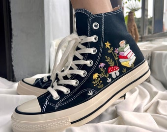 Embroidered Converse/Mushroom Converse/Embroidered Sneakers Mushroom Flower Forest And Stack Of Books/Converse High Tops Chuck Taylor 1970s