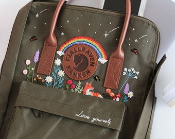 Fjallraven Kanken Backpack Embroidered Fox and Flowers, Custom Kanken With Name, Kanken Laptop Embroidered Rainbow and Stars