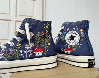 Custom Converse High Tops/Mushroom Converse/Embroidered Converse Sweet Sunflower Garden And Mushroom/Mushroom Gifts/Best Gifts