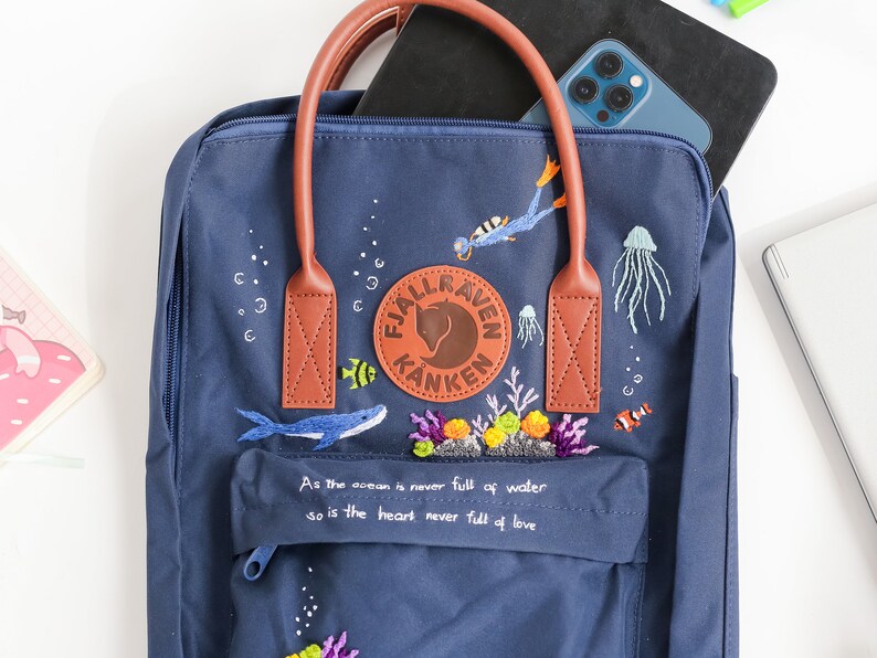 Fjallraven Rucksack Bestickt, Ocean Embroidered Backpack Custom, Fjallraven Kanken Embroidery Blue Whale, Diver, Jellyfish, Gifts For Girl