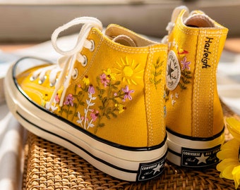 Custom Converse High Tops/Floral Converse/Embroidered Converse Colorful Sunflower And Wildflower Garden/Sunflower Birthday/White Converse