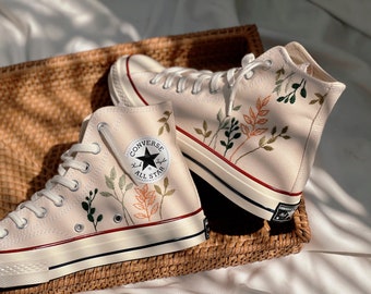 Embroidered Converse Chuck Taylors 1970s/Custom Converse High Tops/Custom Converse Green Tree Leaves/Custom Logo Leaves/Gift For Her