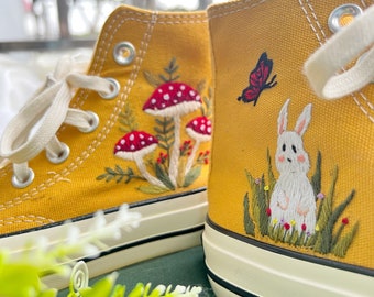 Embroidered Converse/Mushroom Converse/Embroidered Red Mushrooms And Rabbit Butterfly /Converse High Tops Chuck Taylor 1970s Mountain Logo