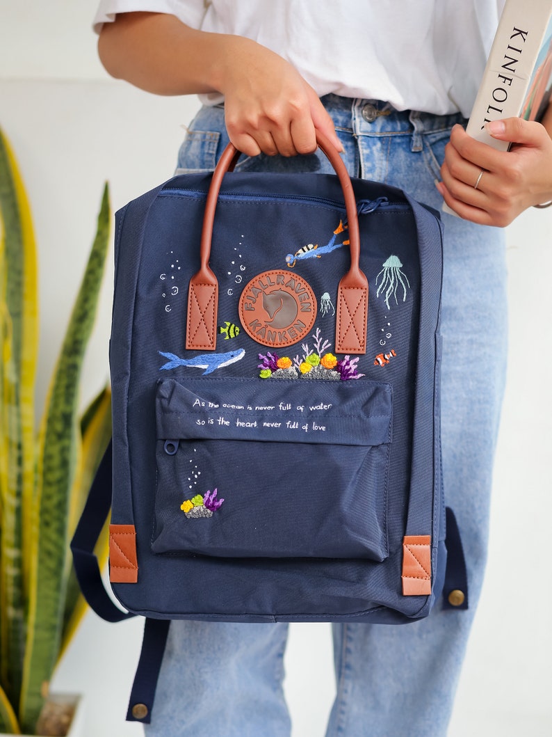 Fjallraven Rucksack Bestickt, Ocean Embroidered Backpack Custom, Fjallraven Kanken Embroidery Blue Whale, Diver, Jellyfish, Gifts For Girl