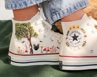 Custom Embroidered Converse for Girl, Flowers Embroidered Converse with Cats, Pet Embroidered Shoes Custom, Anniversary Gifts for Her