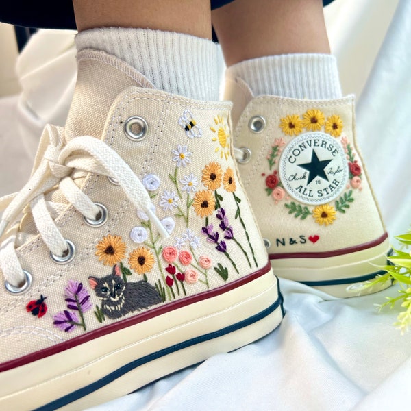 Embroidered Converse/Flower Converse/Custom Converse Pet/Embroidered Converse High Tops Butterfly Cat And Sweet Sunflower Garden