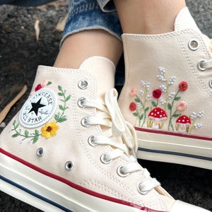 Embroidered Converse/Mushroom Converse/Embroidered Rose And Mushroom Garden/Converse High Tops Chuck Taylor1970s/FlowerConverse/Gift For Her