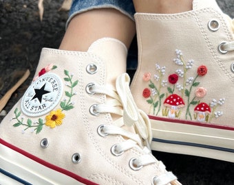 Embroidered Converse/Mushroom Converse/Embroidered Rose And Mushroom Garden/Converse High Tops Chuck Taylor1970s/FlowerConverse/Gift For Her