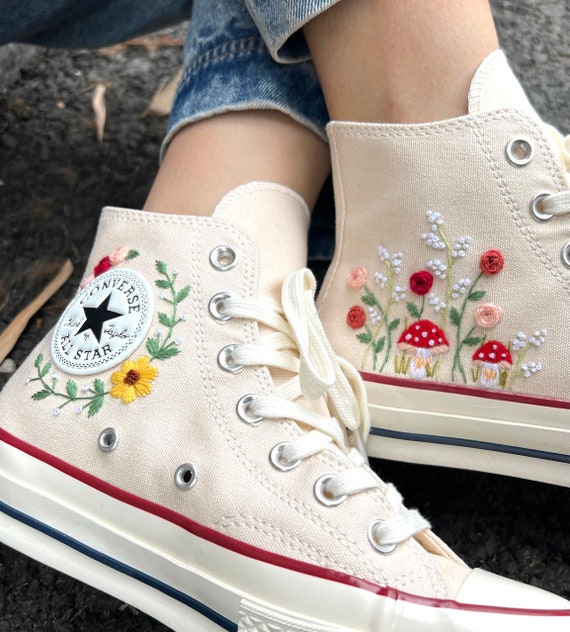 Converse/embroidered Rose and - Etsy