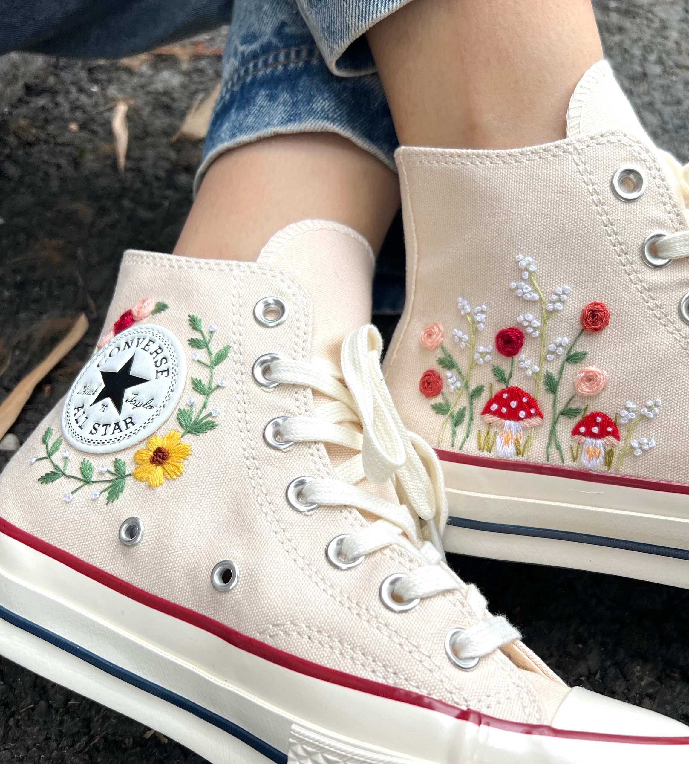 Embroidered Converse/mushroom Converse/embroidered Rose and - Etsy Sweden