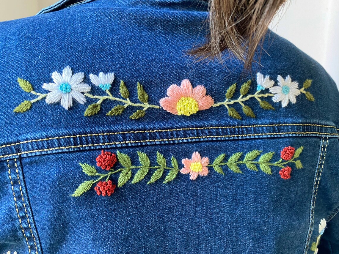 Hand Embroidered Jean Jacket / Custom Floral Embroidered Jean Etsy