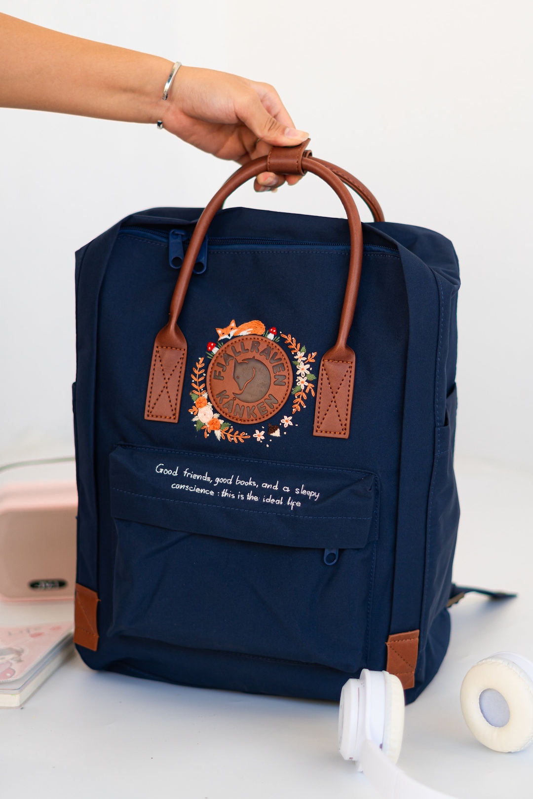 Embroidered Backpack Flower/ Fjallraven Kanken Backpack Embroidered With Flowers and Orange Fox