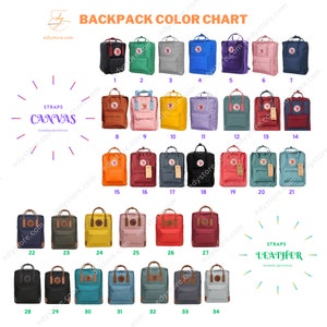 Backpack color chart: green backpack embroidery, black kanken,...