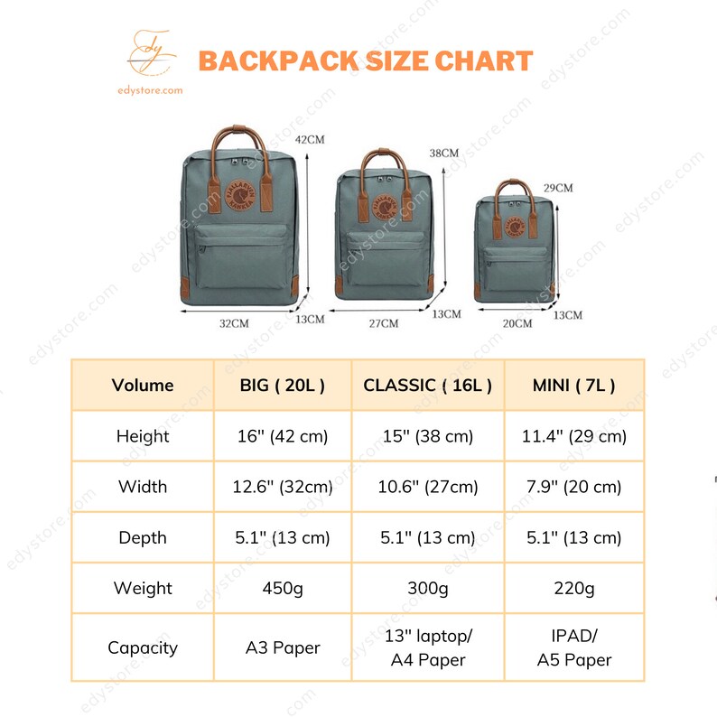 Backpack size chart