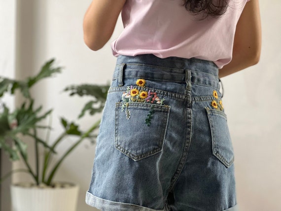 Floral Embroidered Jean Shorts/ Women's Gifts/ Beach Shorts/ Travel Shorts  
